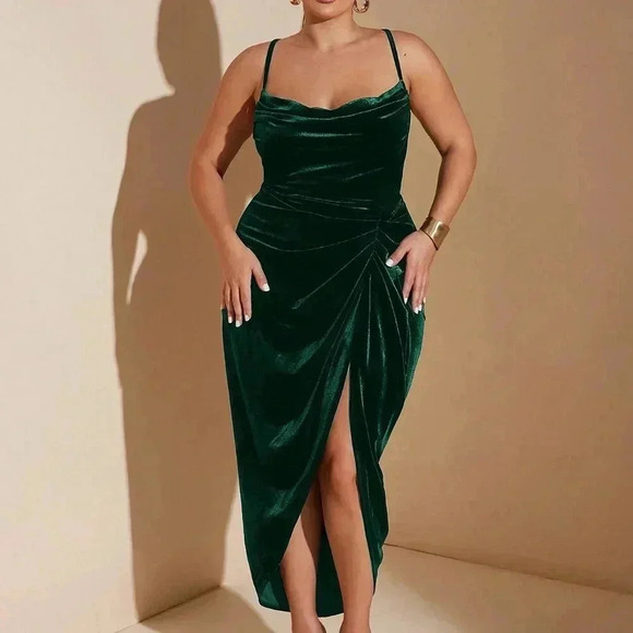 Dresses & Skirts - Dark Green Party Women's Plus Size Draped Neck High Slit Ruffle Hem Velvet Dress